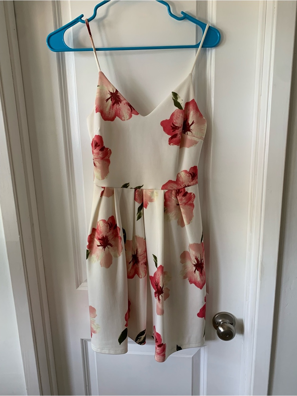 Floral Spaghetti Strap A-Line Dress in Cream and Pink